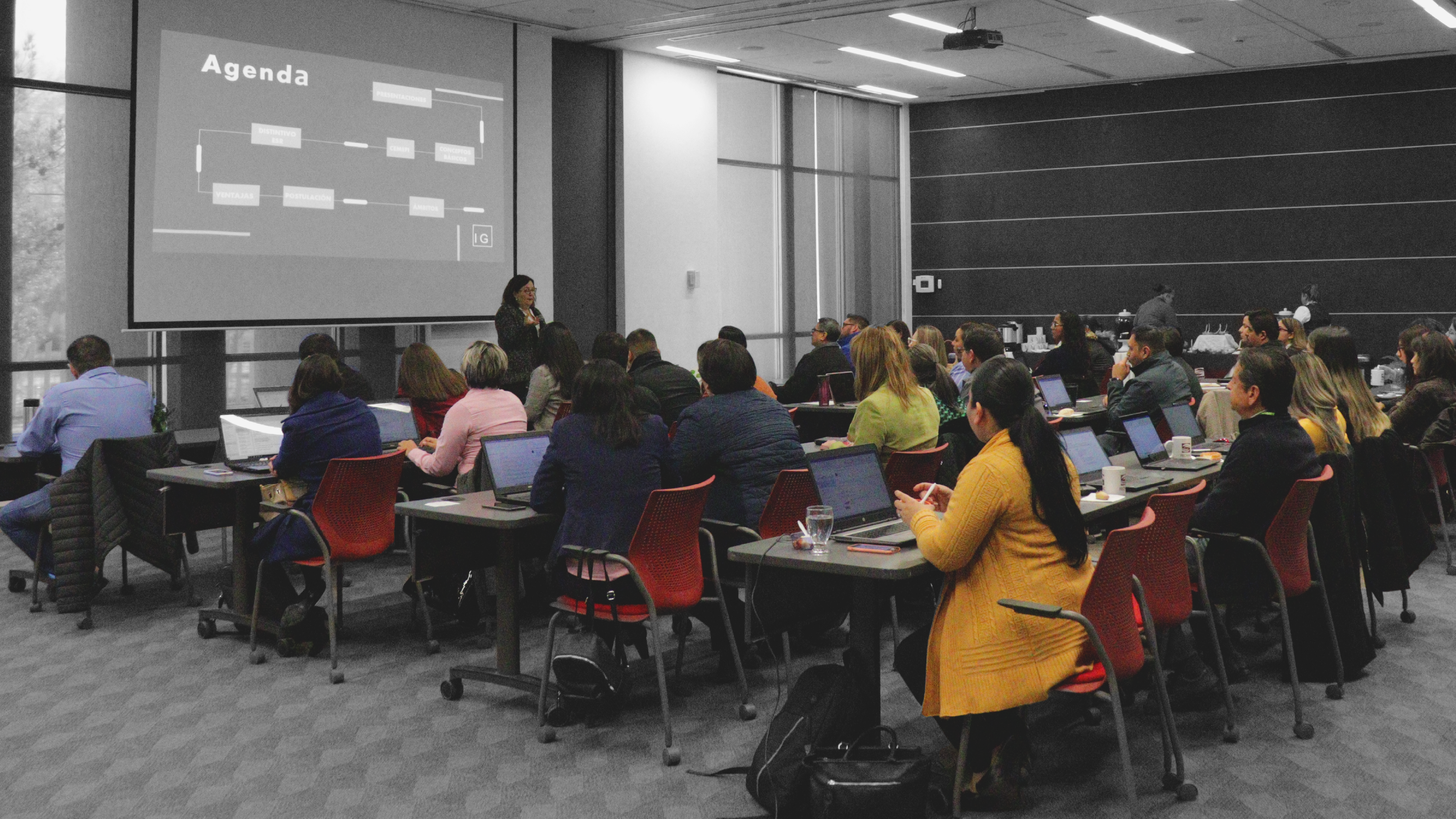 Imagen que muestra un grupo de personas en sala de conferencias durante una presentación
