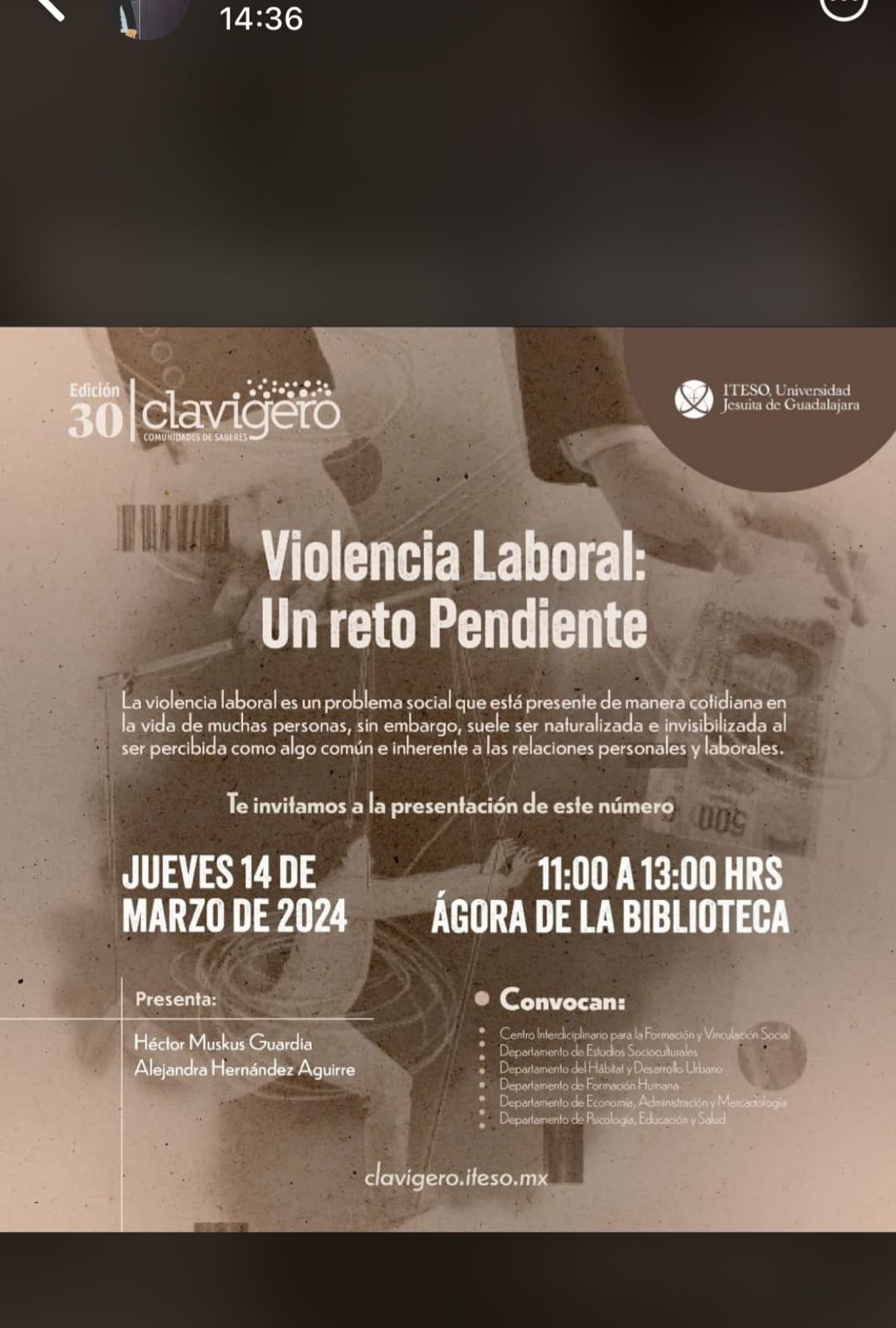 Imagen que muestra la publicidad para una charla de violencia laboral realizada por Héctor Muskus en el ITESO