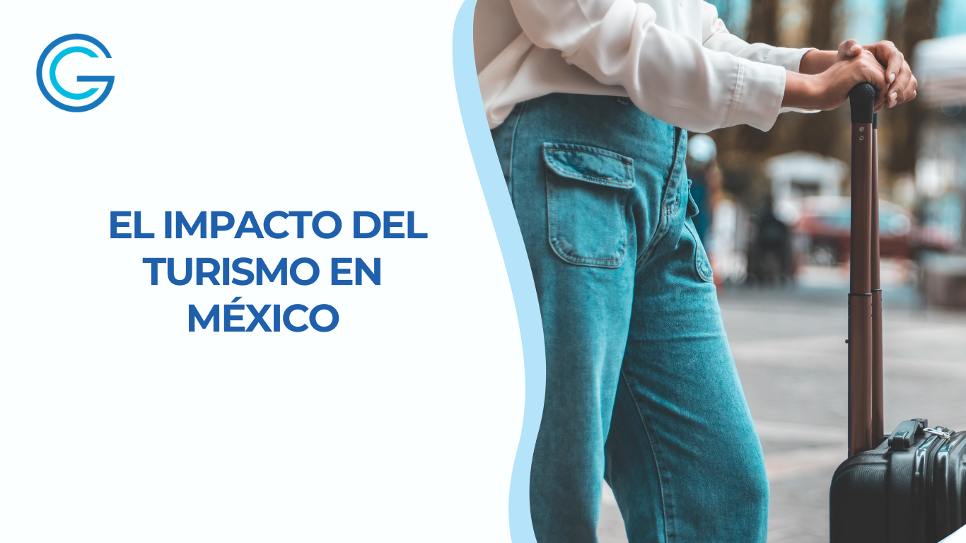 Imagen de blog de Guardia Consultores con un diseño que muestra la frase ‘El impacto del turismo en México’ en letras azules. A la derecha, se ve a una mujer con una maleta enfrente de ella