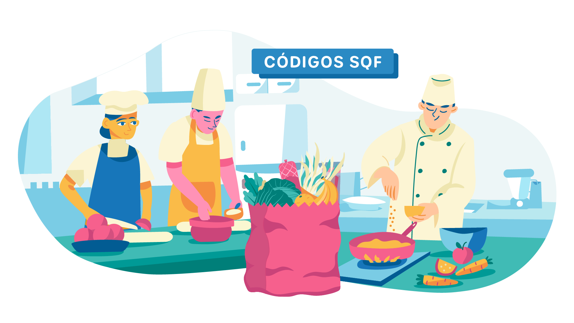 Ilustración de tres personas trabajando en una cocina profesional. Dos chefs con delantales están cortando y preparando alimentos en una mesa, mientras que un tercer chef, vestido de blanco, cocina en una sartén. En el centro hay una bolsa rosa llena de vegetales frescos, como col rizada, zanahorias y calabaza. En la parte superior hay un cuadro de texto que dice 'códigos SQF'