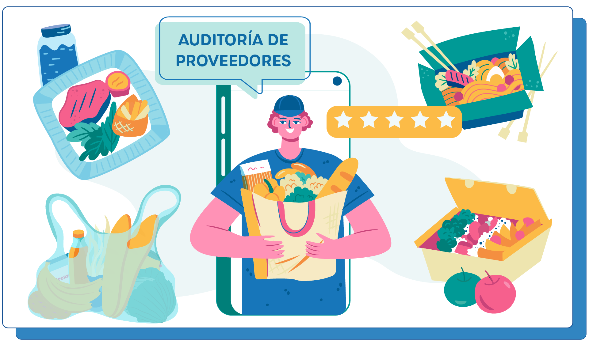 Ilustración de un hombre con gorra azul y camisa azul, sosteniendo una bolsa de supermercado llena de alimentos frescos, como pan, frutas y vegetales. A su alrededor se muestran elementos relacionados con alimentos, como un contenedor de comida, frutas en un recipiente, y un cuadro con cinco estrellas que representa calificaciones. Un cuadro de texto en la parte superior dice 'Auditoría de proveedores'.