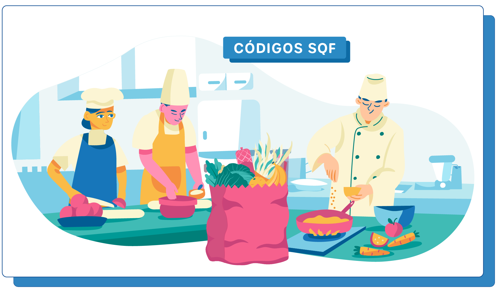 Ilustración de tres personas trabajando en una cocina profesional. Dos chefs con delantales están cortando y preparando alimentos en una mesa, mientras que un tercer chef, vestido de blanco, cocina en una sartén. En el centro hay una bolsa rosa llena de vegetales frescos, como col rizada, zanahorias y calabaza. En la parte superior hay un cuadro de texto que dice 'códigos SQF'