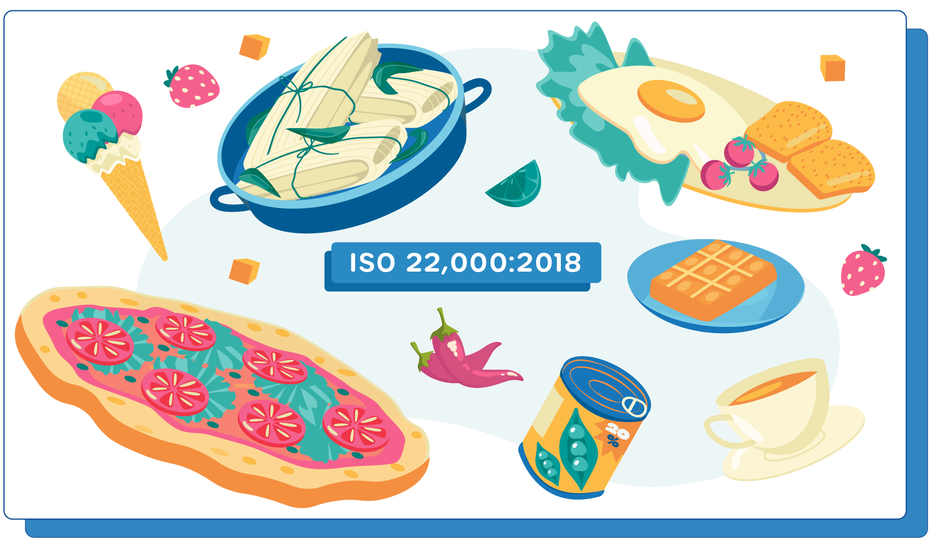 Ilustración con diferentes alimentos, como una pizza con rodajas de tomate, un plato de tamales, un waffle en un plato azul, un huevo frito con tostadas y tomates, un cono de helado, y una taza de té. También se muestra una lata de vegetales y chiles rojos. En el centro hay un cuadro de texto que dice 'ISO 22,000:2018'