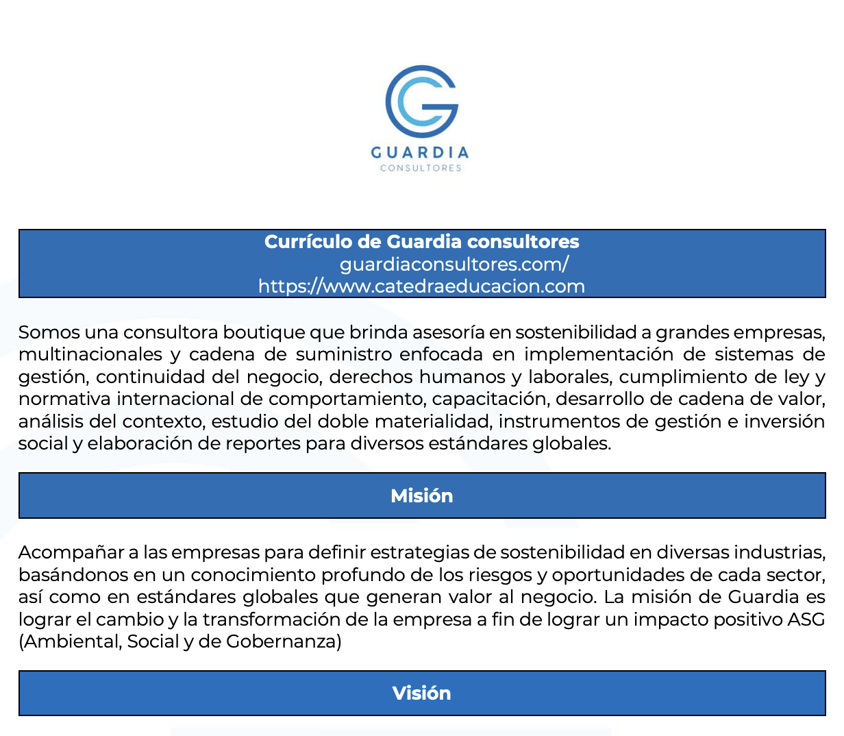 Imagen del Currículo de Guardia Consultores con su logo azul en la parte superior. El título principal dice "Currículo de Guardia Consultores" seguido de las direcciones web guardiaconsultores.com y catedraeducacion.com.