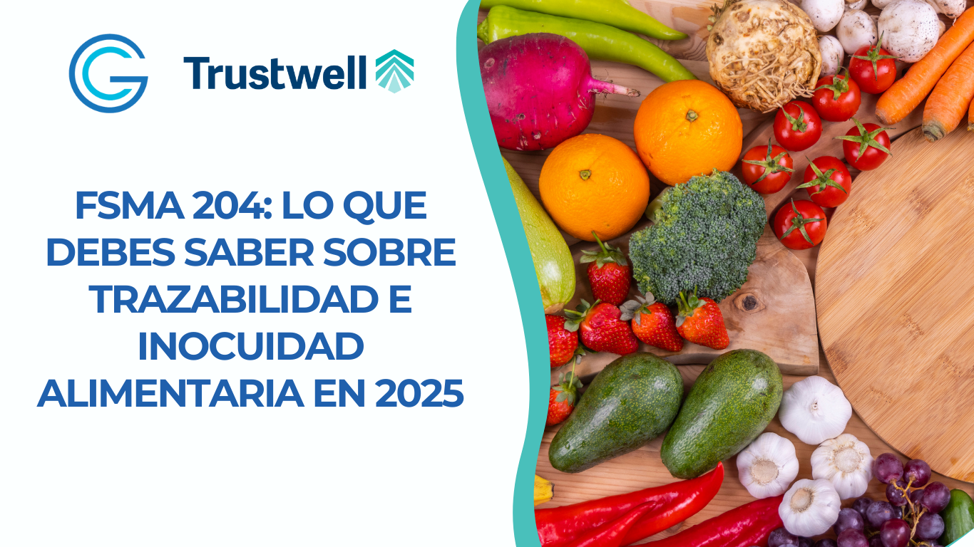 Imagen de portada para blog sobre FSMA 204, trazabilidad e inocuidad alimentaria en 2025, con fondo de frutas y verduras frescas.