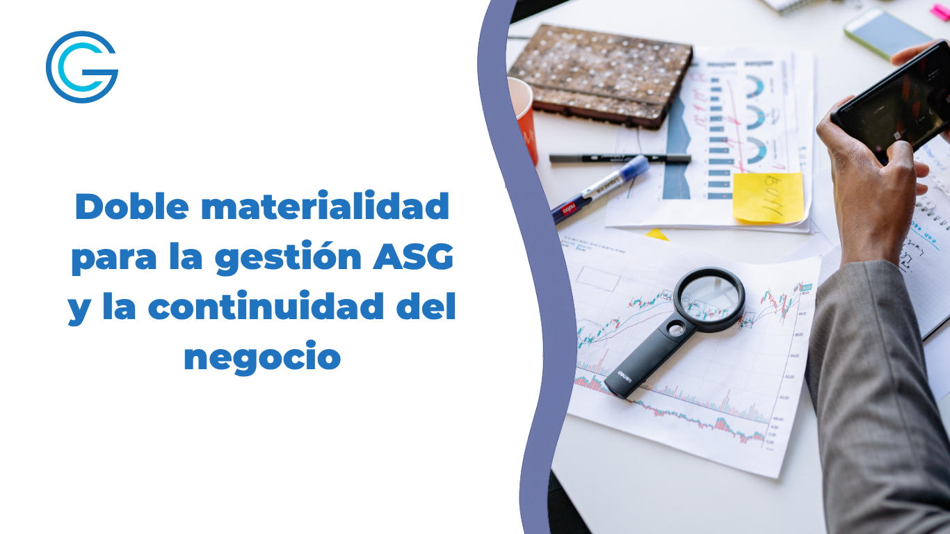 Portada sobre doble materialidad para la gestión ASG y la continuidad del negocio, con gráficos financieros, una lupa y una persona usando un celular.