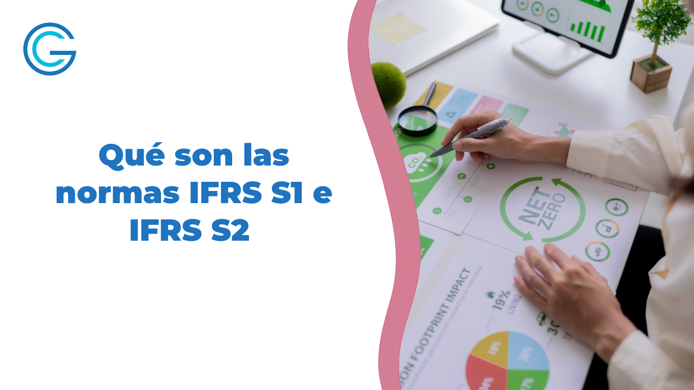 Portada de un artículo sobre IFRS S1 y S2, con una persona revisando información de sostenibilidad y métricas ambientales.