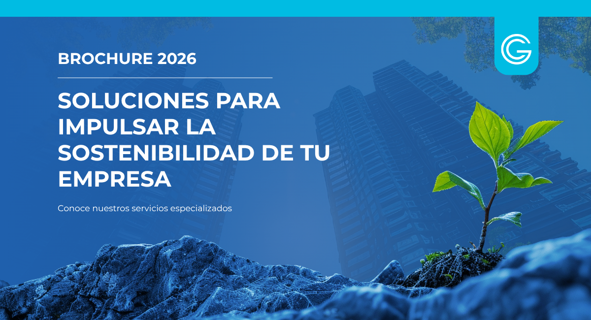 Imagen promocional del Brochure 2026 de Guardia Consultores. Sobre un fondo azul con edificios y una planta en crecimiento, aparece el título «Soluciones para impulsar la sostenibilidad de tu empresa» y el logotipo de Guardia Consultores.